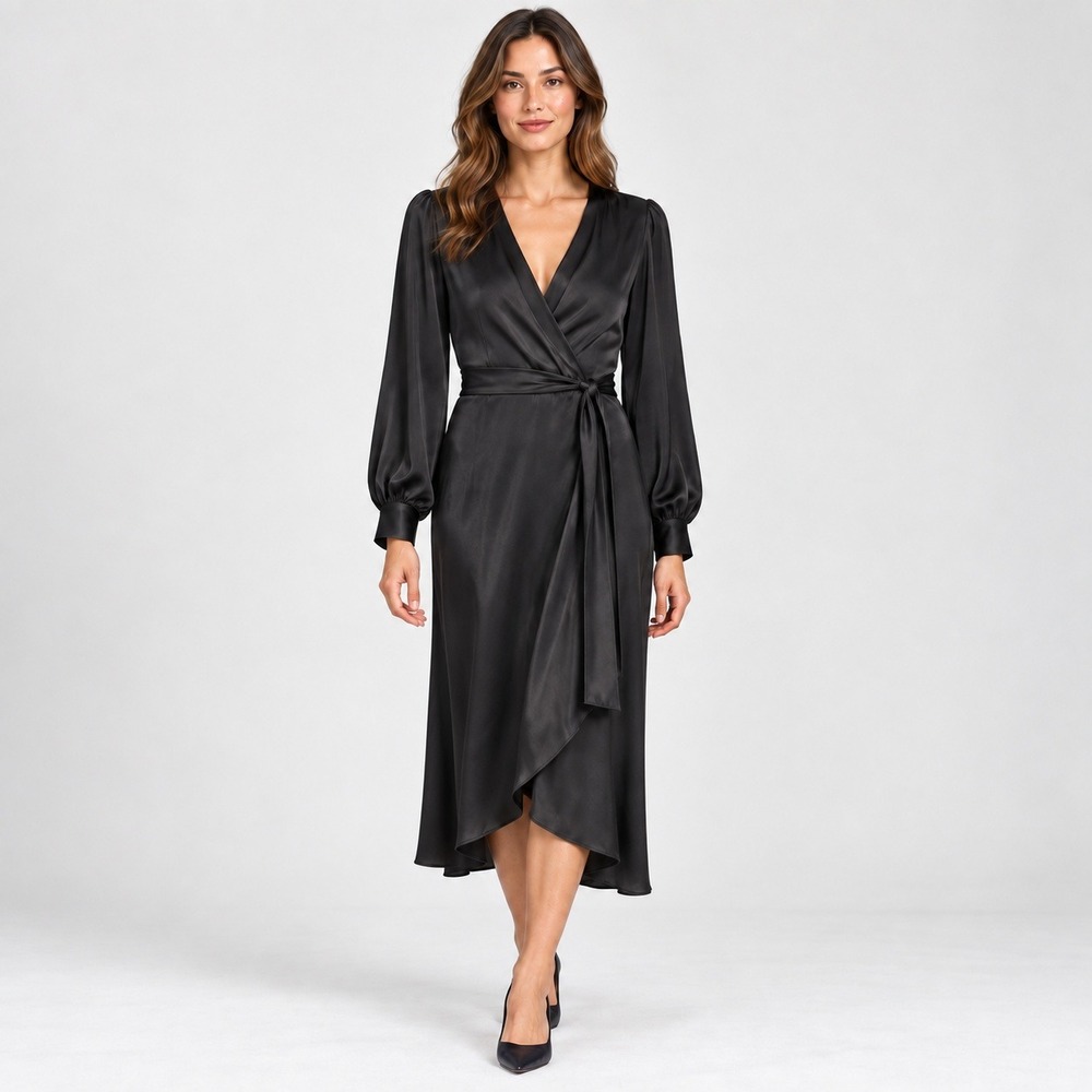 Express Black Satin Faux Wrap Midi Dress Tie Waist Quiet Luxury Evening XS
